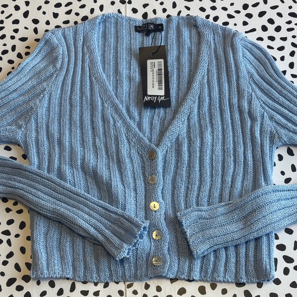 Nasty Gal Cropped Light Blue Ribbed Cardigan Size M New with tags - Picture 3 of 6